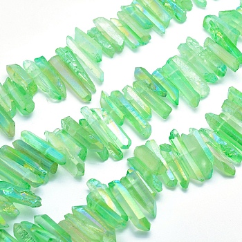 Electroplated Natural Quartz Crystal Beads Strands, Dyed, Nuggets, Rainbow Plated, Light Green, 20~39x5~12mm, Hole: 1~1.5mm, about 15.7 inch(40cm).