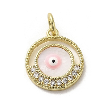 Brass Micro Pave Cubic Zirconia Pendants, with Enamel, with Jump Ring, Real 18K Gold Plated, Flat Round with Evil Eye, Pink, 17.5x15x3mm, Hole: 3.8mm