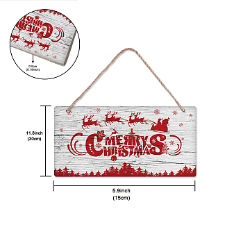 Christmas Theme Natural Wood Hanging Wall Decorations, with Jute Twine, Rectangle with Word Merry Christmas, Red, 15x30x0.5cm