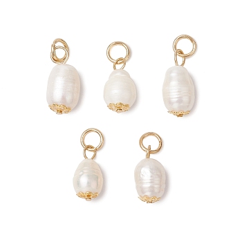 Natural Freshwater Pearl Pendants, Rice Charms, with Jump Rings, Golden, 19~22x7.5~8.5mm, Hole: 4mm