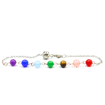 Natural Mixed Gemstone Round Beaded Dowsing Pendulum Pendant Decorations, Chakra Yoga Theme Jewelry for Home Display, Silver, 228mm