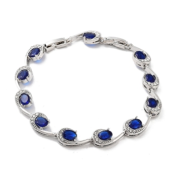 Platinum Alloy Teardrop Link Chain Bracelets, with Rhinestone, Capri Blue, 8-1/4 inch(21cm), Link: 8.5mm