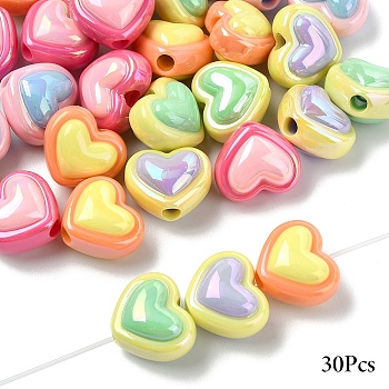 30Pcs 5 Colors Opaque Acrylic Beads, AB Color Plated, Heart, 15x17.5x12mm, Hole: 3mm, 6pcs/color 