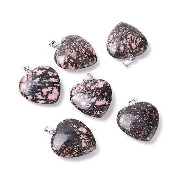 Natural Rhodonite Pendants, with Platinum Tone Brass Findings, Heart, 27~28x24.5~26x6~8.5mm, Hole: 2.4x5.6mm