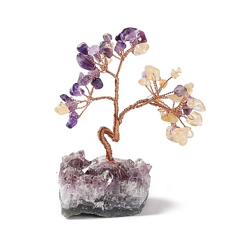 Natural Yellow Quartz & Amethyst Tree Display Decoration, Druzy Amethyst Base Feng Shui Ornament for Wealth, Luck, Rose Gold Brass Wires Wrapped, 45~52x69~75x93~107mm