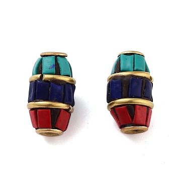 Handmade Indonesia Beads, with Brass and Resin, Oval, Red, 12.5x7mm, Hole: 1.8mm