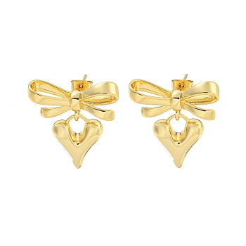 Bowknot & Heart Brass Stud Dangle Earrings for Women, Real 18K Gold Plated, 25x21.5mm
