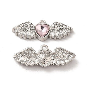 Rack Plating Alloy Rhinestone Charms, with Glass, Nickel Free, Heart with Wings, Platinum, Pink, 10.5x27.5x5mm, Hole: 1.6mm