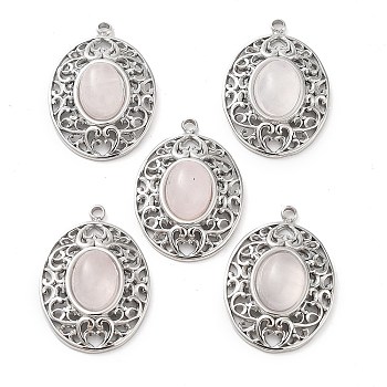 304 Stainless Steel Pendants, Natural Rose Quartz Oval Charms, Stainless Steel Color, 21x15x5.5~6.5mm, Hole: 1.5mm