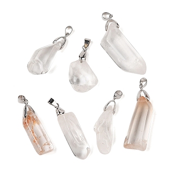 Natural Quartz Crystal Pendants, Rock Crystal Nuggets Charms with Platinum Plated Platinum Brass Snap on Bails, 40~65x10~20x9~17mm, Hole: 5x4mm