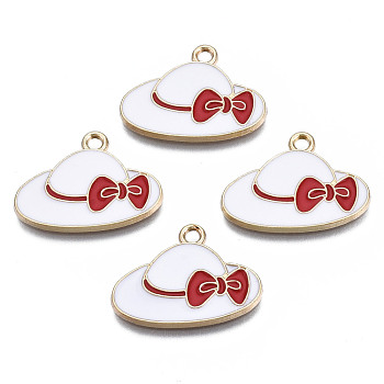 Rack Plating Alloy Enamel Pendants, Cadmium Free & Nickel Free & Lead Free, Beach Hat with Red Bowknot, White, 16x21.8x1.1mm, Hole: 1.8mm