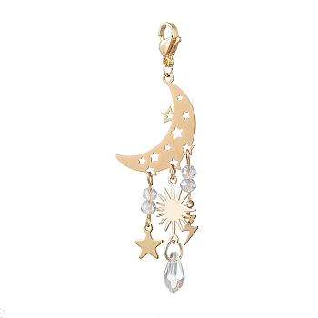 Alloy with Glass Pendant Decorations, Moon & Star & Sun & Lightning, Light Gold, 70mm