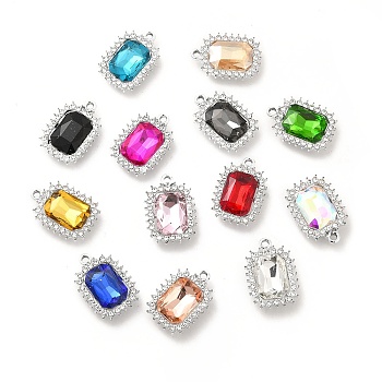 Alloy Glass Pendants, Crystal Rhinestone Rectangle Charm, Platinum, Mixed Color, 23.5x16.5x6.5mm, Hole: 2mm