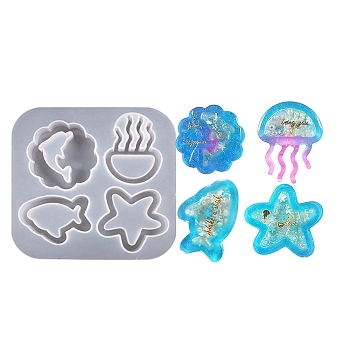 DIY Silicone Quicksand Molds, Resin Casting Molds, Shaker Molds, Ocean Animal, Dolphin/Shark/Starfish/Jellyfish Shape, White, 102x108x11mm