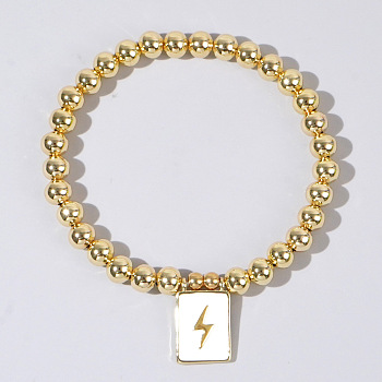 Personality Brass Round Bead Beaded Stretch Bracelets, with Rectangle Brass Enamel Charms for Women, Lightning Bolt, 6-7/8 inch(17.5cm)