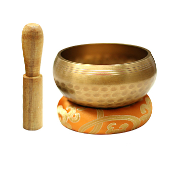 Tibetan Brass Singing Bowl & Wood Striker & Random Color Cloth Mat Set, Nepal Buddha Meditation Sound Bowl, Yoga Sound Bowls, for Holistic Stress Relief Meditation and Relaxation, Golden, 80x45mm