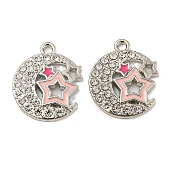 Alloy Enamel Pendants, with Rhinestone, Long-Lasting Plated, Moon with Star Charm, Platinum, 19.5x16x2mm, Hole: 1.6mm