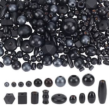 Elite Natural Wood Beads, Mixed Shapes, Black, 6~30x6~30mm, Hole: 2~4.5mm; about 700~740pcs/set