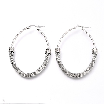 304 Stainless Steel Mesh Hoop Earrings, Textured, Oval, Stainless Steel Color, 56x42x6mm, Pin: 0.8mm