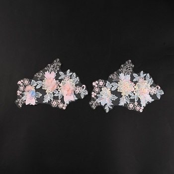 Polyester Embroidery Costume Accessories, Sewing Craft Decoration, with ABS Imitation Pearl & 3D Organza Flower, Pink, 200x295x6.5mm