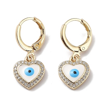 Real 18K Gold Plated Brass Dangle Leverback Earrings, with Enamel and Cubic Zirconia, Heart with Evil Eye, White, 25x10.5mm