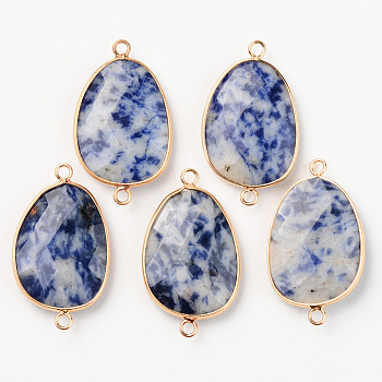 Natural Blue Spot Jasper Links, with Light Gold Plated Edge Brass Loops, Oval, Faceted, 38x22.5x6mm, Hole: 2mm