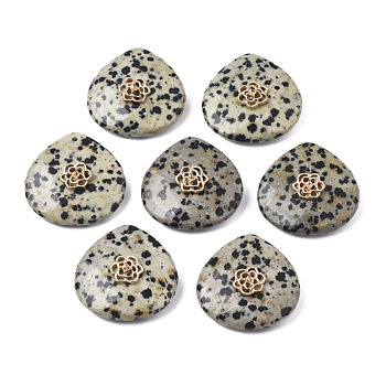 Natural Dalmatian Jasper Pendant Rhinestone Settings, with Light Gold Plated Flower Brass Findings, Faceted, Teardrop, Fit for 1.4mm Rhinestone, 28x28x9~20mm, Hole: 1.2~1.5mm