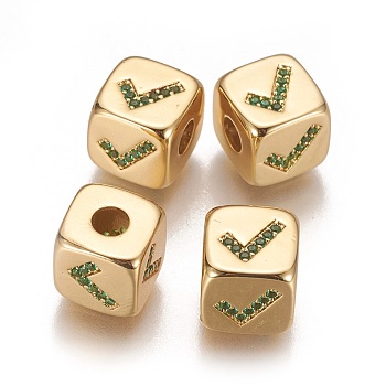 Brass Micro Pave Cubic Zirconia Beads, Long-Lasting Plated, Cube, Green, Real 18K Gold Plated, 9x9x9mm, Hole: 3.5mm