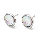 Brass Glass Stud Earrings, with Loop, Half Round, Nickel Free, Platinum, 14x12mm, Hole: 1.2mm, Pin: 0.7mm(KK-F916-04P)