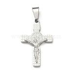 304 Stainless Steel Pendants, Crucifix Cross with Saint Benedict Charm, Stainless Steel Color, 34x22x3.5mm, Hole: 9x5mm(STAS-H255-03C-P)