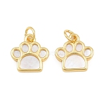 Brass with White Shell Pendants, Paw Print Charms, Real 16K Gold Plated, 13x13x2mm, Hole: 3mm(CU-CBA9482-04G-01)