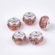 Resin European Beads, Large Hole Beads, with Platinum Tone Brass Double Cores, Christmas Theme, Rondelle, Orange Red, 13x8mm, Hole: 5mm(RPDL-T002-01B)