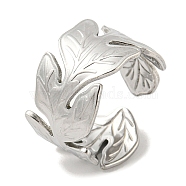 304 Stainless Steel Open Cuff Ring, Leaf, Stainless Steel Color, Inner Diameter: 18mm(RJEW-C067-11P)