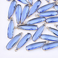 Transparent Glass Pendants, with Brass Findings, Faceted, Teardrop, Light Gold, Royal Blue, 32x8x4mm, Hole: 1.2mm(X-GLAA-T007-15B)