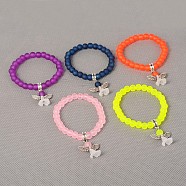 Stretchy Frosted Glass Beads Kids Charm Bracelets for Children's Day, with Tibetan Style Acrylic Findings, Lovely Wedding Dress Angel Dangle, Antique Silver, Mixed Color, 40mm(BJEW-JB01769)