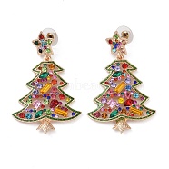 Christmas Tree Alloy Colorful Rhinestone Dangle Stud Earrings for Women, Light Gold, 59x36mm(EJEW-L203-10KCG)