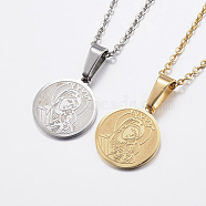 304 Stainless Steel Pendant Necklaces, Flat Round with Virgin Mary, Mixed Color, 17.7 inch(45cm), 1.5mm(NJEW-J053-03)