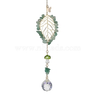 Green Aventurine with Glass and Lampwork Pendant Decorations, With Alloy Finding, Leaf, 250mm(HJEW-TA00130-01)