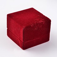 Square Velvet Ring Boxes, Flower Pattern, Jewelry Gift Boxes, Red, 6x6x5cm(X-VBOX-D004-01)
