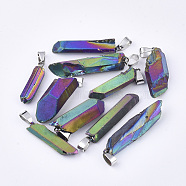 Electroplate Natural Quartz Crystal Pendants, with Iron Findings, Nuggets, Platinum, Colorful, 25~50x5~16x5~10mm, Hole: 4x7mm(G-S279-22A)