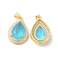 Real 16K Gold Plated Brass Micro Pave Cubic Zirconia Pendants, with Glass, Teardrop Charms, Sky Blue, 23.5x16x7mm, Hole: 5x3.5mm(ZIRC-L103-062G-03)