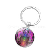 Seven Chakras Yoga Theme Glass Half Round/Dome Pendant Keychain, with Alloy Key Rings, for Car Bag Pendant Accessories, Colorful, 5.7cm(WG14972-01)