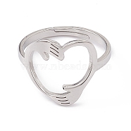 201 Stainless Steel Hand Hug Heart Adjustable Ring for Women, Stainless Steel Color, US Size 6(16.5mm)(RJEW-K238-05P)