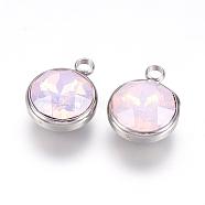 K9 Glass Rhinestone Pendants, with 304 Stainless Steel Findings, Flat Round, Pink, 18x14x9mm, Hole: 2.5mm(STAS-F123-26G)