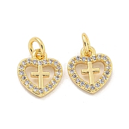 Brass Micro Pave Clear Cubic Zirconia Charms, Heart with Cross, Golden, 11x9.5x1.5mm, Hole: 3mm(KK-Z044-21G)