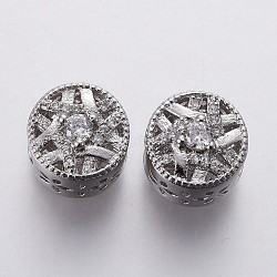 Brass Micro Pave Cubic Zirconia European Beads, Large Hole Beads, Hollow, Flat Round, Clear, Platinum, 11x10mm, Hole: 4.5mm(OPDL-P001-44)