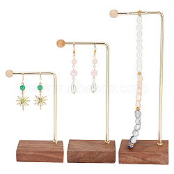 3Pcs 3 Sizes Alloy Jewelry Display Stands with Wood Base, for Earrings Bracelets Necklaces Display, Golden, 1.2x7.4x12.8~20.8cm, 1pc/size(EDIS-WH0022-25)