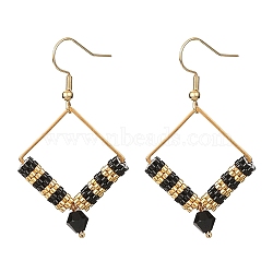 Glass Seed Braided Rhombus Dangle Earrings, Golden 304 Stainless Steel Jewelry for Women, Black, 51x29mm(EJEW-MZ00082)