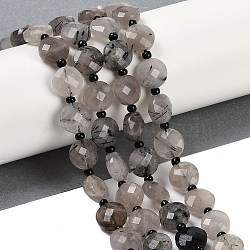 Natural Tourmalinated Quartz Beads Strands, Faceted, Flat Round, with Seed Beads, 9.5~10x5~6mm, Hole: 1mm, about 32~34pcs/strand, 15.75~14.96 inch(38~40cm)(G-B094-A25-01)