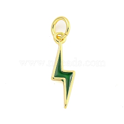 Rack Plating Brass Enamel Pendants, with Jump Ring, Cadmium Free & Lead Free, Long-Lasting Plated, Real 18K Gold Plated, Lightning Charm, Dark Green, 17.5x5x1mm, Hole: 3.5mm(KK-U021-16C-G)